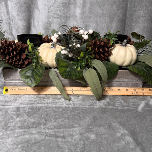 Rustic Farmhouse Woodlook Candle Centerpiece White Pumpkins Pine Cone Fall Decor - Picture 3 of 6